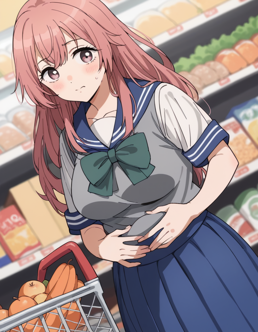 score_9, score_8_up, score_7_up, source_anime, <lora:shinju-inui-s1-ponyxl-lora-nochekaiser:1>, shinju inui, long hair, pink hair, pink eyes, large breasts,, skirt, shirt, bow, school uniform, white shirt, short sleeves, pleated skirt, serafuku, bowtie, sailor collar, vest, blue skirt, sweater vest,, grocery store, shopping cart, picking fruits, everyday life, , , looking at viewer, hands on stomach, blush,, solo,, cowboy shot, dutch angle