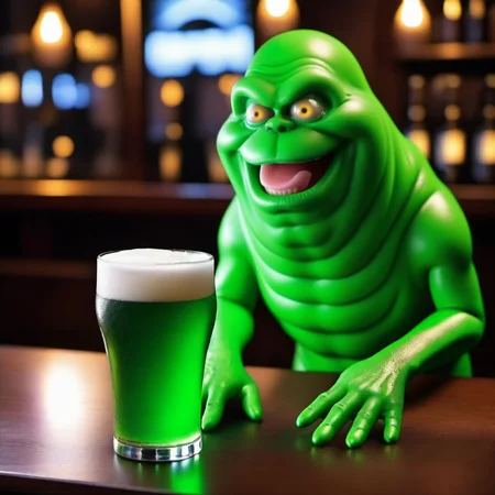 Slimer1024, a ((glowing green see-through)) ghost, (wet, 1.3) and slimy, drinking a beer in a pub, features intricate detail, detailed eyes, highly detailed, photography, ultra sharp, film, bokeh, professional, 4k <lora:Slimer1024:0.7>