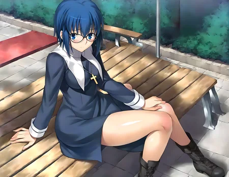 <lora:pony_xl_ciel_v2>,ciel,best quality,masterpiece,super fine illustration,1girl,solo,looking at viewer,glasses,nun,dress,long sleeves,cross-laced footwear,lace-up boots,cross necklace,night,city,park,bench,lamppost,sit on the bench,knees_together_feet_apart,light_blush,sulking,i'm so nervous,from_above,