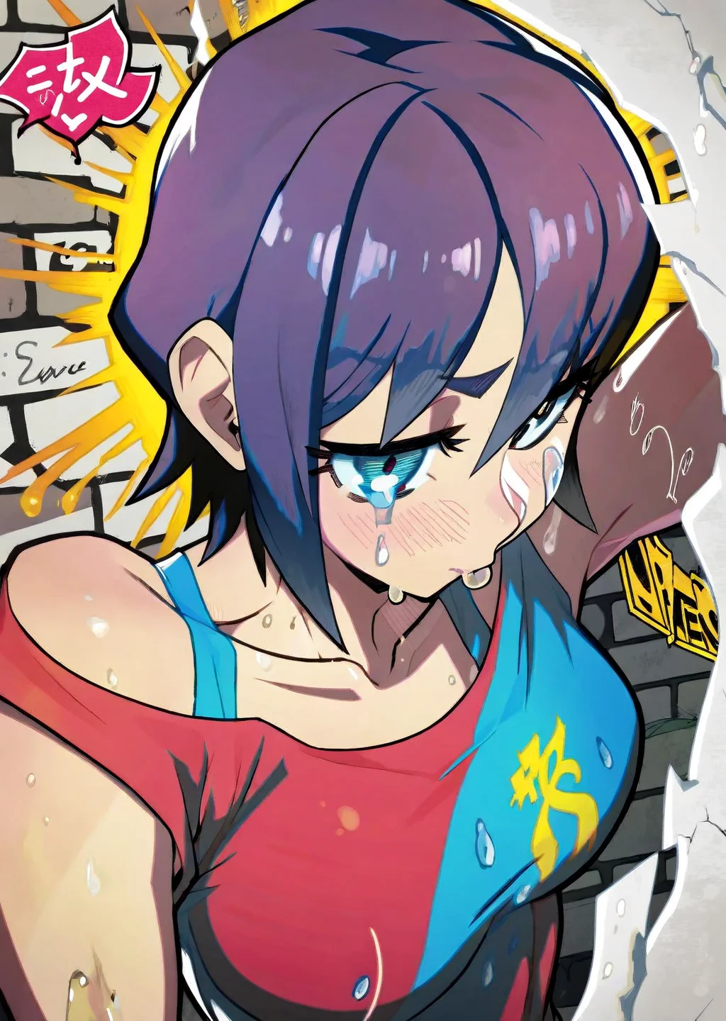 (by hata) anime flat color,
1girl sad cry upper body, torn clothes graffiti brick wall best quality, masterpiece,