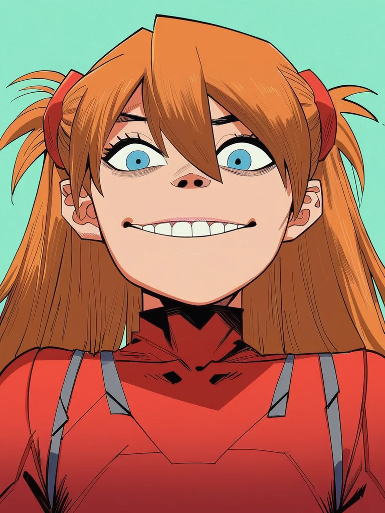 score_9, score_8_up, score_7_up, score_6_up, score_5_up, score_4_up, 1girl, in hewlls artstyle, souryuu_asuka_langley, bodysuit, interface headset, looking at viewer, teeth, smile, upper body, blue eyes, arm support, looking at viewer, sitting, solo, illustration, <lora:Jamie_Hewlett_GorillazTank_Girl_Style_Pony-000007:0.9>