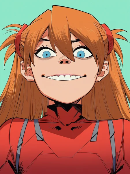score_9, score_8_up, score_7_up, score_6_up, score_5_up, score_4_up, 1girl, in hewlls artstyle, souryuu_asuka_langley, bodysuit, interface headset, looking at viewer, teeth, smile, upper body, blue eyes, arm support, looking at viewer, sitting, solo, illustration, <lora:Jamie_Hewlett_GorillazTank_Girl_Style_Pony-000007:0.9>