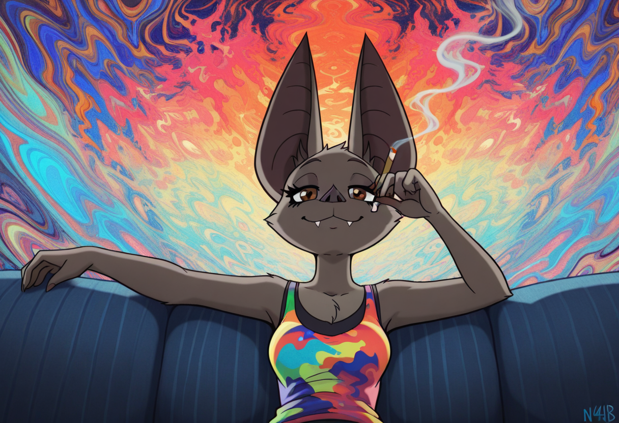 Graphic Design, cinematic lighting, color art, vibrant colors, colorful, intricate details, high contrast, detailed background, beautiful detailed, beautiful face, detailed eyes, detailed face, new, n41n4b4t, 1girl, solo, furry, bat (animal), bat ears, fangs, brown eyes, sleepy, colorful tank top, (abstract colorful acid background:1.4), smoking, smoke, ciggarette, smile, sitting, sofa, upper body, low angle, perspective, (masterpiece, best quality, newest, recent, absurdres),