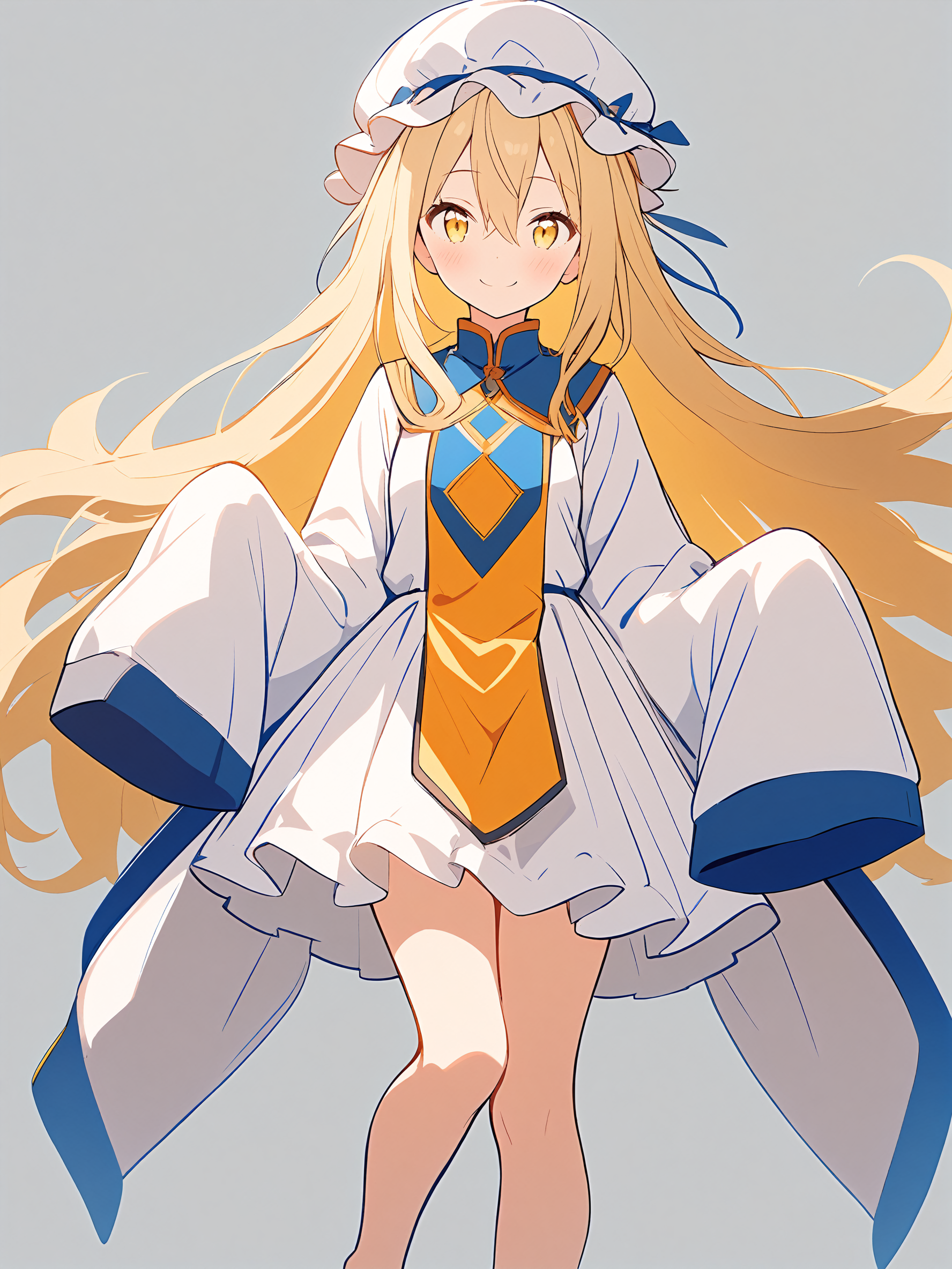 1girl, 
solo, full body, long hair, simple background, barefoot, sleeves past fingers, closed mouth, dress, sleeves past wrists, looking at viewer, wide sleeves, blonde hair, white background, mob cap, smile, blush, white hat, tabard, white dress, long sleeves, hat, hair between eyes, yellow eyes, 
masterpiece, best quality,  safe
 <lora:mki-ani31-TMND-v2-000050:1>