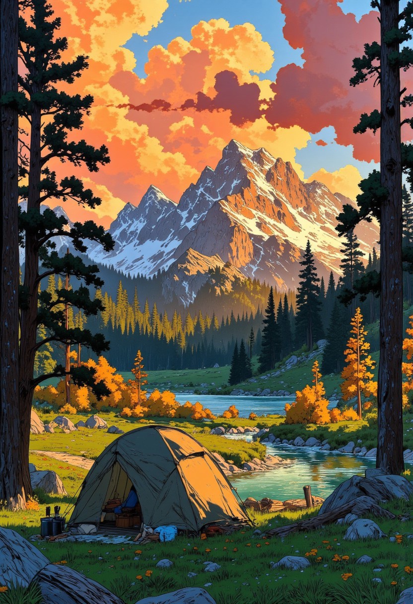 A breathtaking nature landscape at sunrise, capturing the serene beauty of camping in the wild. A cozy tent sits near a tranquil lake, with soft morning mist rolling over the calm water. Towering pine trees frame the scene, their silhouettes blending with the golden hues of dawn. In the distance, majestic mountains rise under a pastel sky, with warm orange and pink tones fading into deep blue. The background is the heart of the image—lush valleys, scattered wildflowers, and a winding river reflecting the first rays of sunlight. The mood is peaceful, nostalgic, and inviting, evoking memories of quiet mornings in the wilderness. A variety of color hues, from warm autumn shades to soft twilight blues, make the scene visually captivating, drawing the viewer into nature’s embrace. citybkg, VibrantlySharp style., Anime art