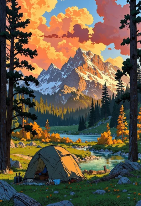 A breathtaking nature landscape at sunrise, capturing the serene beauty of camping in the wild. A cozy tent sits near a tranquil lake, with soft morning mist rolling over the calm water. Towering pine trees frame the scene, their silhouettes blending with the golden hues of dawn. In the distance, majestic mountains rise under a pastel sky, with warm orange and pink tones fading into deep blue. The background is the heart of the image—lush valleys, scattered wildflowers, and a winding river reflecting the first rays of sunlight. The mood is peaceful, nostalgic, and inviting, evoking memories of quiet mornings in the wilderness. A variety of color hues, from warm autumn shades to soft twilight blues, make the scene visually captivating, drawing the viewer into nature’s embrace. citybkg, VibrantlySharp style., Anime art