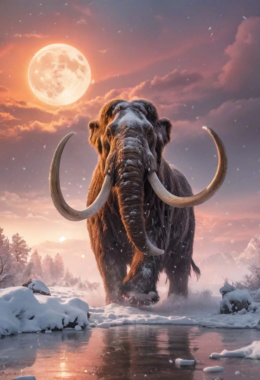 breathtaking Wildlife photography,RAW photo, majestic Woolly mammoth charging at viewer, morning fog, dynamic snowfall, highly detailed, moon, big sun, snow on body, pink and orange clouds, detailed water, vivid colors, <lora:add-detail-xl:.7> . award-winning, professional, highly detailed