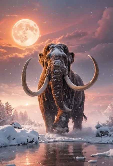 breathtaking Wildlife photography,RAW photo, majestic Woolly mammoth charging at viewer,  morning fog, dynamic snowfall, highly detailed, moon, big sun, snow on body, pink and orange clouds, detailed water, vivid colors, <lora:add-detail-xl:.7>  . award-winning, professional, highly detailed