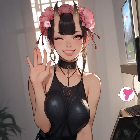 (score_9,score_8_up,score_7_up),1 female freckles, super beautiful, (tiny, slender:1.3),
BREAK
(standing, waving hand, saying goodbye:1.3),
BREAK
(inside a teeenager room full of computers, multiple screen visible, heart spoken, natural smile, wink:1.5), detailed background,
BREAK
<lora:Oni_Samurai_Girl_Lascalae_wb_mixed_P_FB:1>, s4mura1g_lascalae, horns, hair flower, jewelry, (armor:1),
,masterpiece,cover, volumetric lighting, vivid colours, zPDXL2,