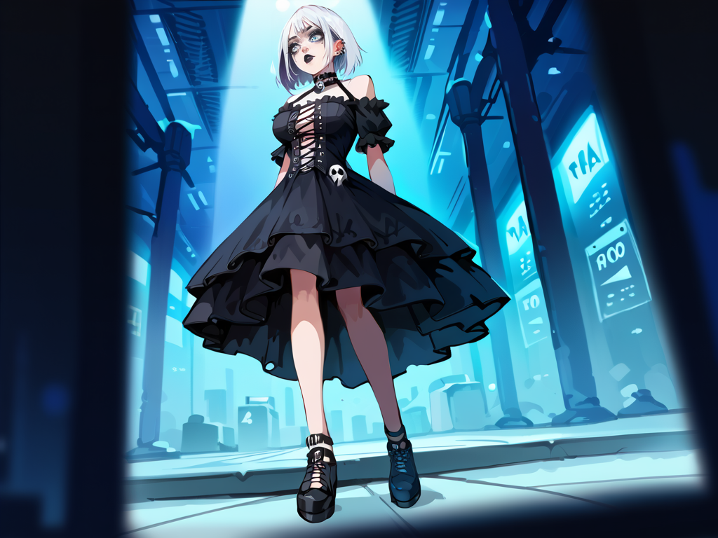 (score_9,score_8_up,score_7_up:1), 1girl, full body, low dutch angle, high lighting, concerned, (goth, black lipstick, silver jewelry, silver piercings, black mascara, black eyeshadow), huge breasts, (flat tummy, close shoulders), inky oozing hair color,choker, eyeshadow, (albino glowing skin), (bound and dejected), haze jewelry store, (<lora:goth_clothes:1>, goth dress, gothic jewelry, black dress, detailed dress, black high heeled shoes), <lora:onikaiii:1> onikaiii