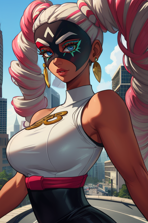 Twintelle,  long twin drill hair, multicolored hair,domino mask, pink eyelashes,  upper body, close up, looking at viewer,  large breasts, 
TwiAttire, tight black pants, bare shoulders , tight white shirt, jewelry, sleeveless,red sash,  
city arena, morning, 
(insanely detailed, beautiful detailed face, masterpiece, beautiful detailed eyes, best quality) <lora:Twintelle-10:0.8>