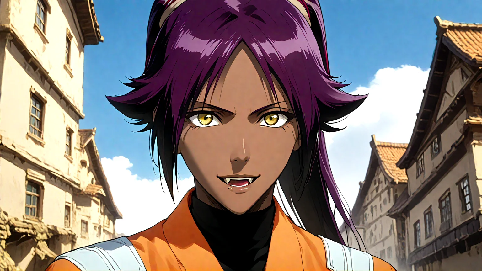 simple background, yoruichi shihouin,1girl,solo,dark-skinned female,dark skin,long hair,ponytail, comic, open mouth smile, fangs, gold eyes, graphite \(medium\),