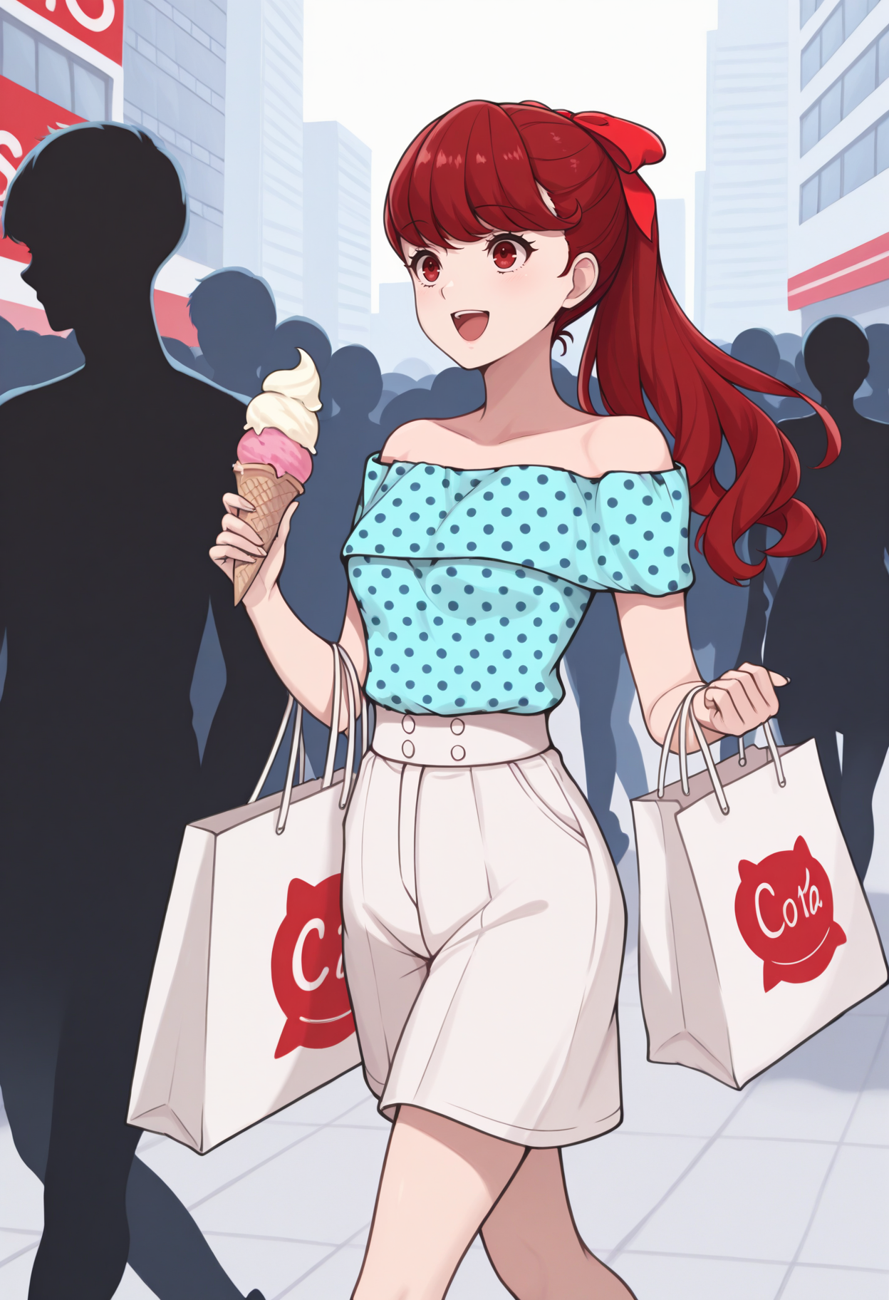 masterpiece, best quality, 1girl, walking, happy, holding ice cream, shopping bag, <lora:KasumiP5-illu:1> csSumi, red hair, long hair, ponytail, hair bow, red bow, swept bangs, red eyes, polka dot shirt, aqua off-shoulder shirt, white high-waist shorts, city, crowd, silhouette