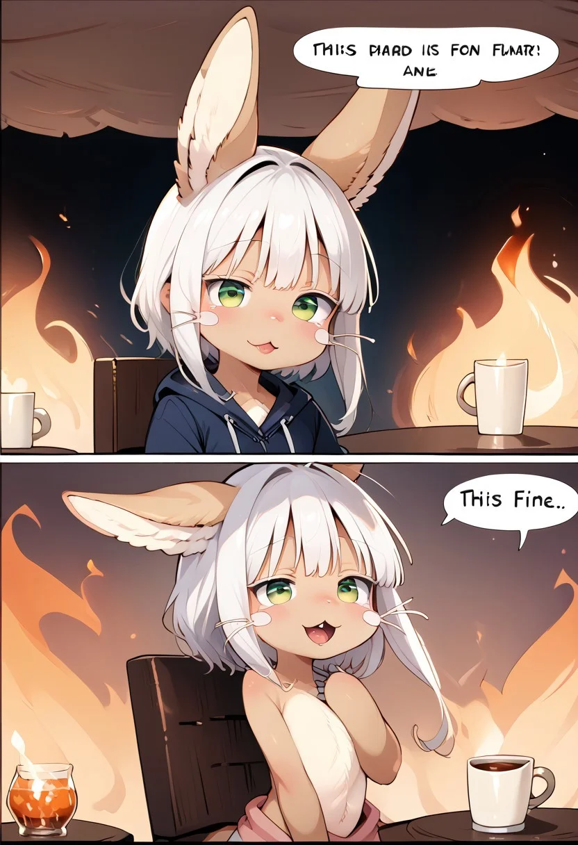 score_9, score_8_up, score_7_up, score_6_up, 2koma, comic, fire, sitting, speech bubble, burning, table, chair, cup, looking at viewer, 1girl, nanachi, \(made in abyss\)/,(ultra HD quality details), green eyes, white hair, furry, animal ears, tail, sidelocks,