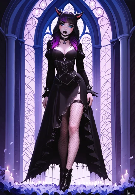 safe_pos, score_9,score_8_up,score_7_up,score_6_up, Goth girl 1girl, Goth girl, miqo'te, FemmeMiq, cat girl, cat ears, animal ears, animal ear fluff, ((woman with long black hair with purple highlights)), bangs, freckles, bold makeup, black lips, long eyelashes, eyeliner, ((large expressive blue eyes)), hourglass figure, medium breast, perky breast, perfect round ass, dark eyeliner, long eyelashes, dark pupils, high contrast shadows, high res image, masterpiece, dynamic shot, <lora:Expressive_H:0.65>, <lora:incase-ilff-v3-4:0.5> <lora:g0th1cPXL:0.45>, <lora:princess_pony_v1:0.1> <lora:Branwen_QBR:0.7>, high gradient eyes, eyesHD, dynamic pose, dynamic, detailed eyes, high definition eyes, amazing quality, wallpaper, looking at viewer, full body, goth clothes, choker, high shoes, fishnet, gothic castle, gothic scenery, twilight, c4stl3, exterior, dawn