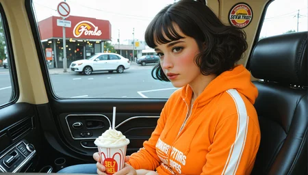 1970's cinematic still, (style of Diane Arbus), (stunning woman, feminine allure, medium bosom:1.2), Mazzy_Tangle, velour tracksuit in earthy tones with a zip-up hoodie, 70s style drive-thru burger joint: a fast-food restaurant with a drive-thru window where customers in their cars order burgers, fries, and milkshakes, a symbol of the growing fast-food culture of the decade, b1-xl b2-xl b3-xl b4-xl