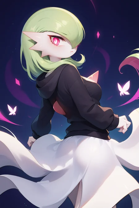 gardevoir, hoodie, red glowing eye, looking back, dress, hovering, psycic power, fyling rocks, purple energy, <lora:drunkoak.pony:1>, <lora:visualnovel_pony_SDXLPONY_r12_768_dim32-a1-adamW:0.7> visualnovel_pony, lines, abstract background, glowing particles, full body, energy aura,, score_9, score_8_up, score_7_up