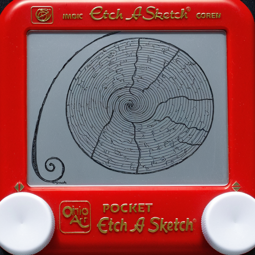 A photo of a red Etch A Sketch toy. The screen of the Etch A Sketch has a drawing of the Fibonacci sequence on it with the text "Spiral out" written underneath on the screen.. <lora:Etch_A_Sketch-000009:1>