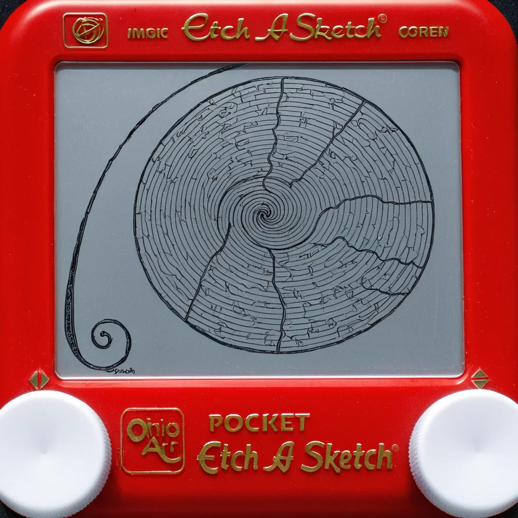 A photo of a red Etch A Sketch toy. The screen of the Etch A Sketch has a drawing of the Fibonacci sequence on it with the text "Spiral out" written underneath on the screen.. <lora:Etch_A_Sketch-000009:1>