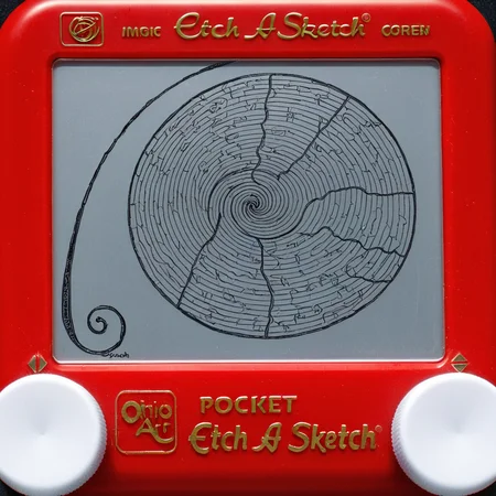 A photo of a red Etch A Sketch toy. The screen of the Etch A Sketch has a drawing of the Fibonacci sequence on it with the text "Spiral out" written underneath on the screen.. <lora:Etch_A_Sketch-000009:1>