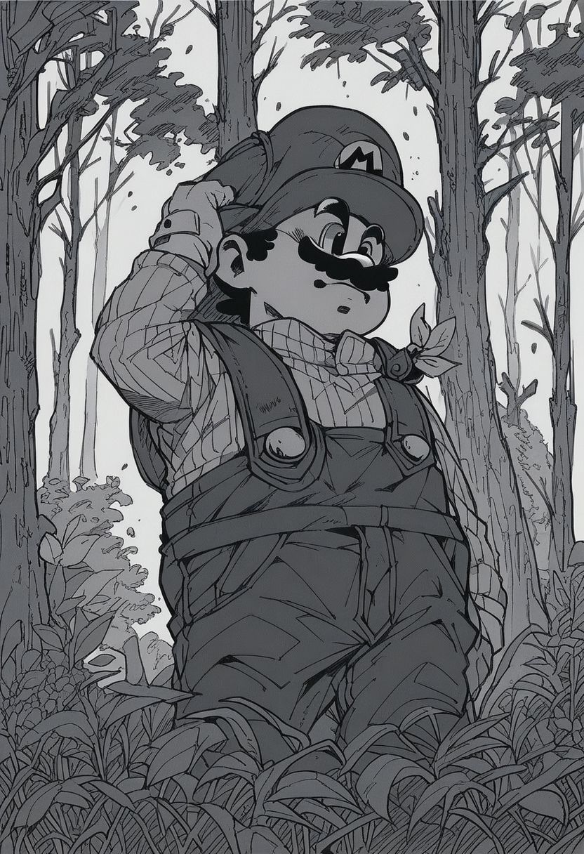 score_7_up, score_8_up, score_7_up, mario, overalls, monochrome, grayscale, forest, cowboy shot