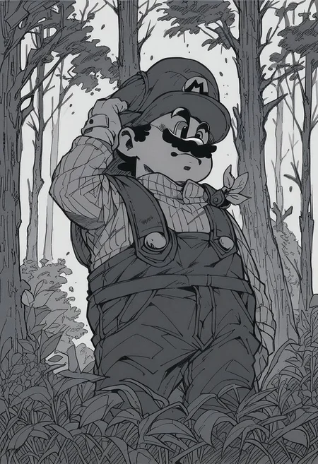 score_7_up, score_8_up, score_7_up, mario, overalls, monochrome, grayscale, forest, cowboy shot