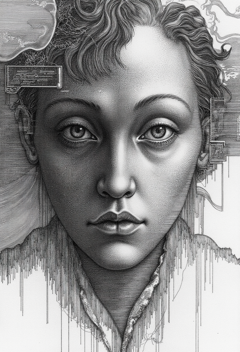 engraving in the style of yfg-durer, Ghost in the Shell, an uploaded consciousness finds itself trapped in the Ethereal Grid. Forces his introspection as an incorporeal, transparent digital spirit. The face of the digital spirit shows visible interlacing and tearing effects. The face occupies two-thirds of the image. Behind the face, the sharp outlines of a City, named R'lyeh, the Sacred Stone City. Use lumen for dynamic lighting and reflective surfaces, employ ray tracing to make these effects even more realistic. Overall, the painting with a focus on detailed textures and dramatic lighting features a monochromatic scheme, primarily with shades of black, white, and gray.