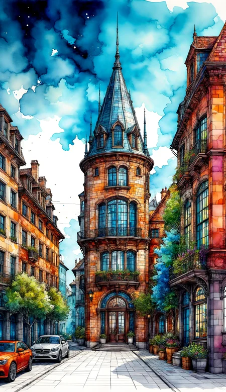 architectural style breathtaking , lineart  (vibrant alcohol ink sketch),  immersive, imagination,  mystery, beauty, discovery , adventure, charming, secret.  <lora:InkArtXL_1.2:0.7> ,  <lora:add-detail-xl:1.2> . award-winning, professional, highly detailed . clean lines, geometric shapes, minimalist, modern, architectural drawing, highly detailed
