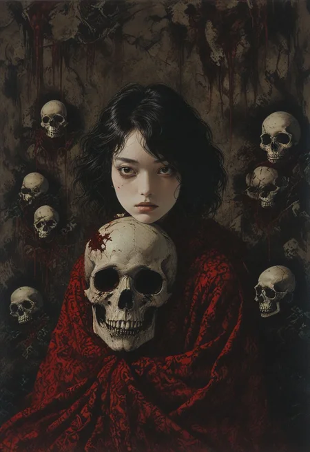 horror painting , young woman cradling a skull surrounded by endless blood red velvet blankets , in the style of takato yamamoto , <lora:takma2:1>