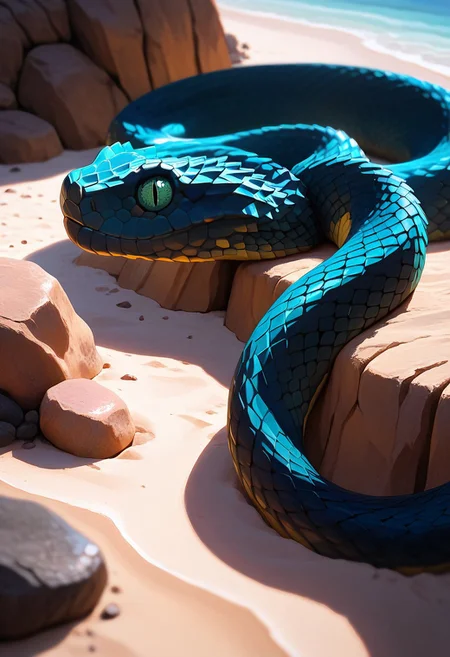 masterpiece, best quality, very aesthetic, ambient lightning, depth of field, cinematic illumination, SViper, solo, ((feral, snake, serpent)), viper, spiny scales, (black scale), beach, rocks, (anatomy correct),