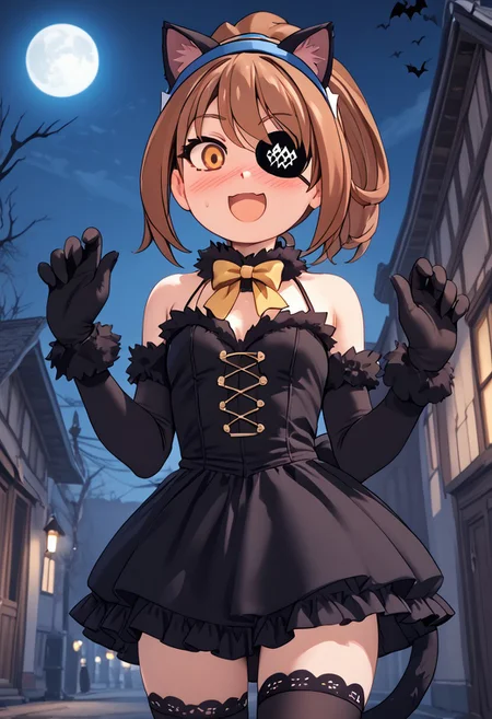 score_4,score_5,score_6,score_7_up,score_8_up,score_9 ((masterpiece,best quality,ultra detailed,highres,HD,4k:1.2)), 
jyuukyuu, flat color, deformed, deformed characters, round face,
1girl,solo,girl focus,solo focus,
Kohaku,brown hair, orange eyes, ponytail, sidelocks, hair band, blue hairband,
Halloween, Halloween costume, black cat costume, black cat tail, bare shoulders, black elbow gloves, sleeveless dress, ((yellow ribbon,yellow bow)),black dress, black knee-highs,((black eye patch)), happy,smile,open mouth,blush,
