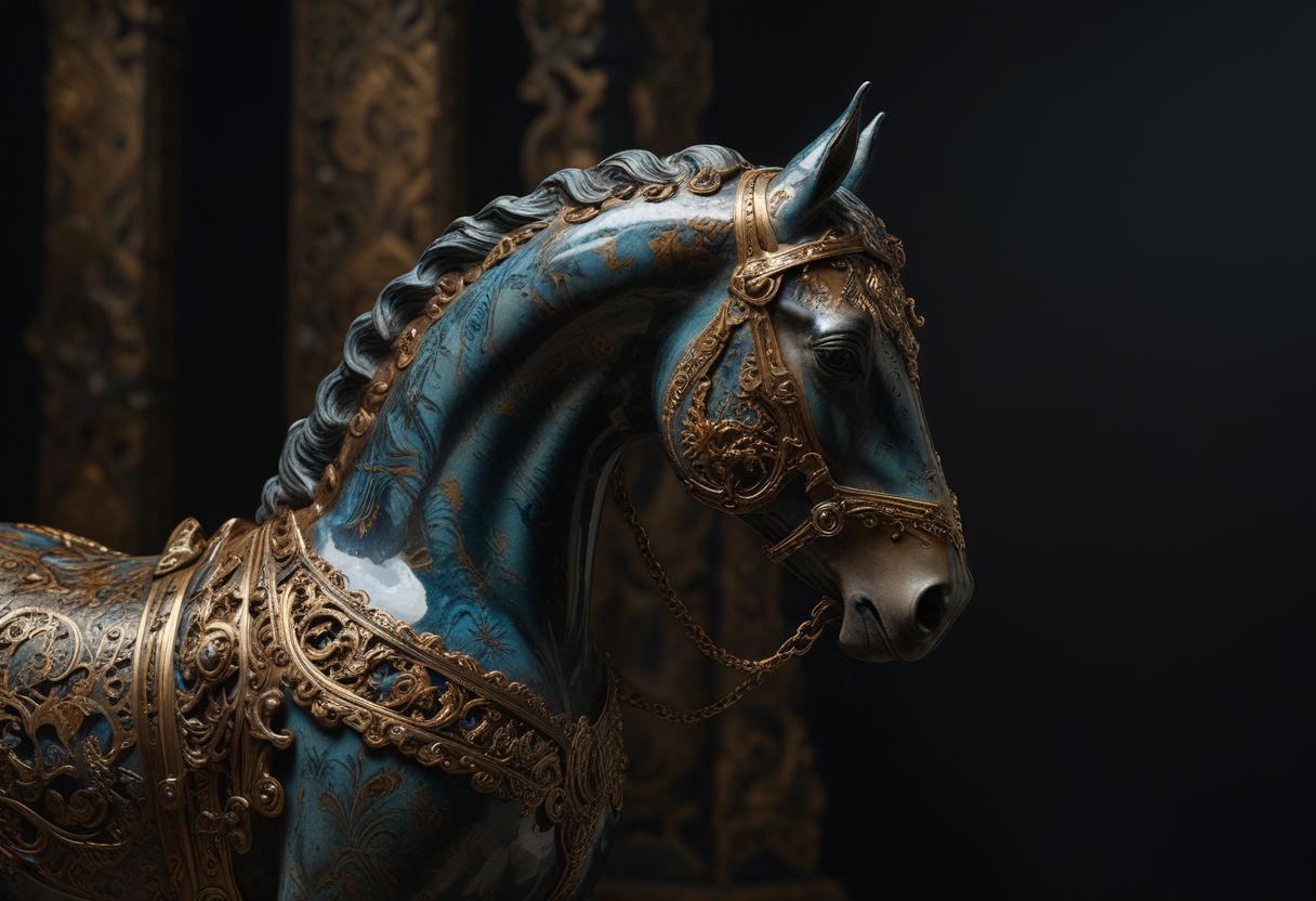 (Crafted Ceramic of a horse), gold filigree, cybernetic enhancements, machinery, rusty steel armor, triadic colors, stunning background. dark and moody, a mesmerizing blend of light and shadow. masterpiece, absurdres, intricate details <lora:TQCeramicStyle:0.9> Rembrandt lightning