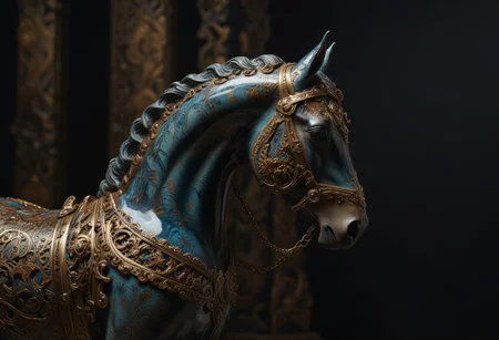 (Crafted Ceramic of a horse), gold filigree, cybernetic enhancements, machinery, rusty steel armor, triadic colors, stunning background. dark and moody, a mesmerizing blend of light and shadow. masterpiece, absurdres, intricate details <lora:TQCeramicStyle:0.9> Rembrandt lightning