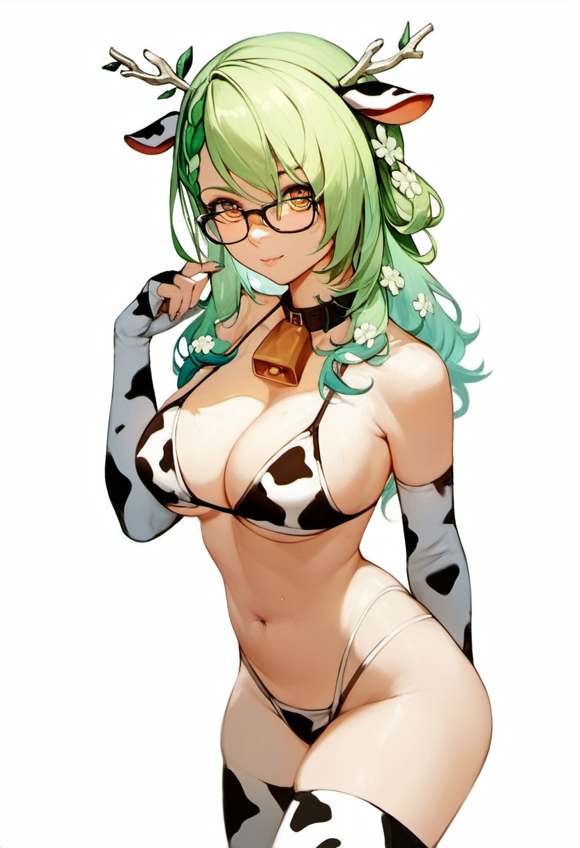 <lora:Ceres_Fauna_for_PonyXL:1>, ceres fauna, cowkini_fauna, looking at viewer, long hair, braid, hair ornament, cleavage, large breasts, simple background, white background, navel, thighhighs, animal ears, cowbell, cow ears, gloves, elbow gloves, glasses, score_9, score_8_up, score_7_up, score_6_up, score_5_up, score_4_up