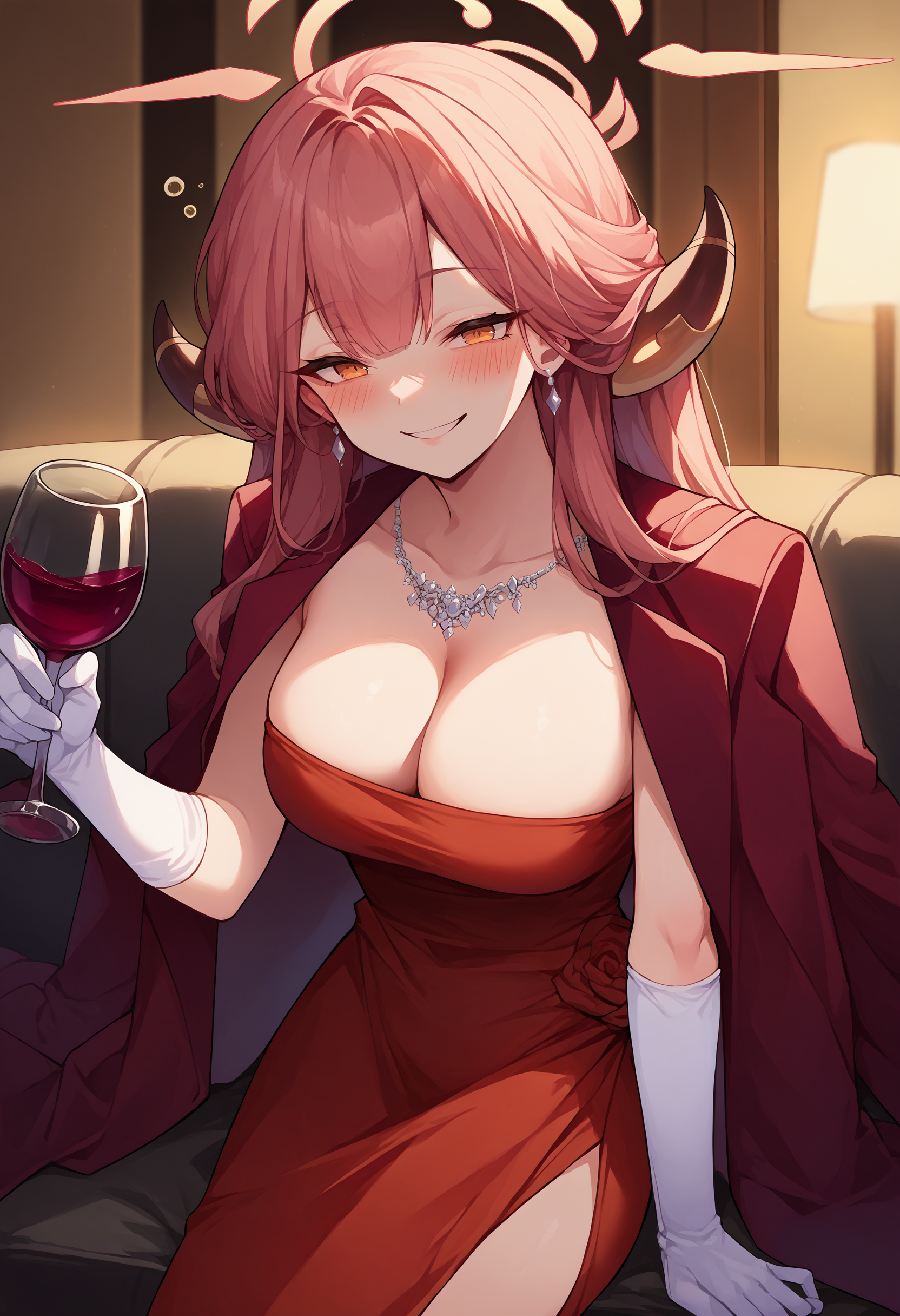 score_9, score_8_up, source_anime, 1girl, solo, AruDress, long hair, horns, halo, necklace, earrings, red dress, strapless dress, cleavage, elbow gloves, white gloves, jacket on shoulders, indoors, holding wine, wine glass, smile, blush, drunk, <lora:ChamRikuhachimaAruPonyXL:1>