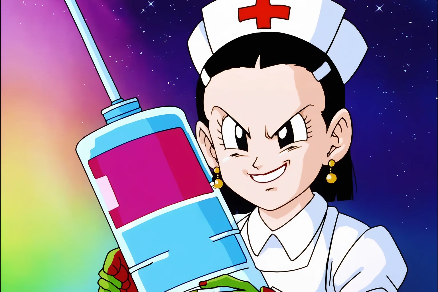 source_anime, score_9, score_8_up, score_7_up, anime screencap, absurdres,
chi-chi, gt, 1990s \(style\), anime coloring, retro artstyle, nurse, 1girl, solo, looking at viewer, smile, black hair, hair ornament, holding, syringe, jewelry, earrings, black eyes, v-shaped eyebrows, evil smile, nurse cap, collared shirt, apron, oversized object
 <lora:chichi_v1:0.8>