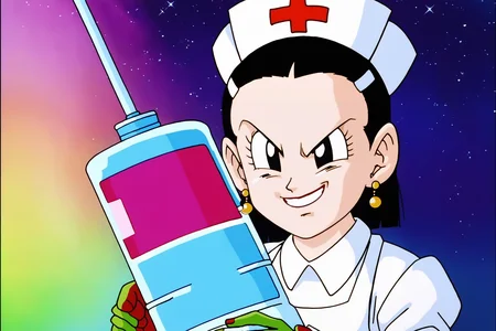 source_anime, score_9, score_8_up, score_7_up, anime screencap, absurdres,
chi-chi, gt, 1990s \(style\), anime coloring, retro artstyle, nurse, 1girl, solo, looking at viewer, smile, black hair, hair ornament, holding, syringe, jewelry, earrings, black eyes, v-shaped eyebrows, evil smile, nurse cap, collared shirt, apron, oversized object
 <lora:chichi_v1:0.8>