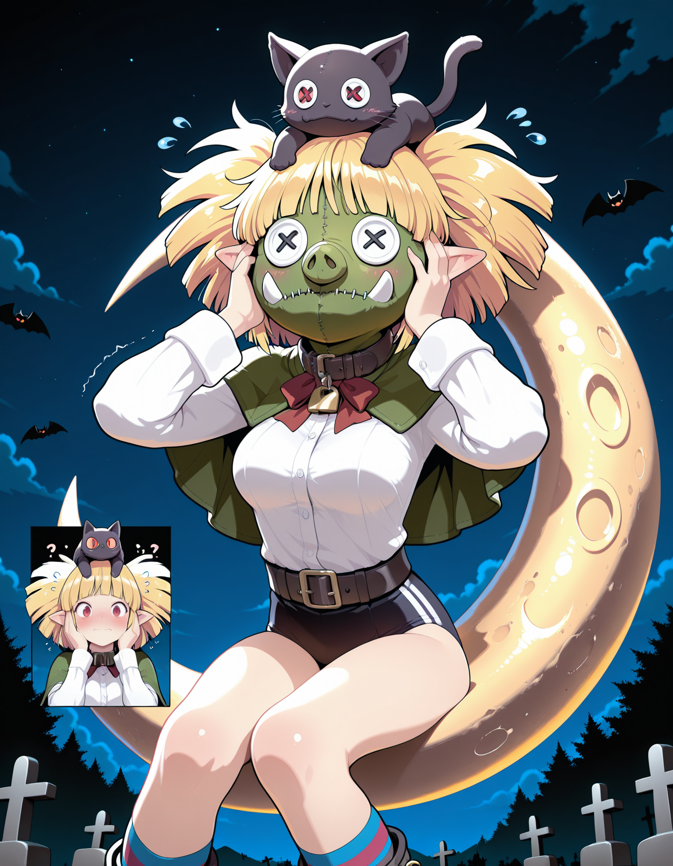 1girl,solo,
(inset:1.2),black background, comic, no mask, multiple views, border,
blush, embarrassed,
orcish, mask, button eyes, cosplay,covered face,padlock,animal collar,covered neck,green capelet,skinny,orc, stitched, [green bag over head::0.1], 
outdoors,night,Halloween,graveyard,starry sky,bat \(animal\), tree, cloudy sky,
flying sweatdrops,hands on own face,trembling,
?,??,confused,!?,^^^,
masterpiece,best quality,amazing quality,very aesthetic,absurdres,newest,
<lora:reduce_wrinkles_illstriouosv0.1_ADDifT_2_in_1_v1.2:0.8>,
<lora:99coins_reverse_orcish_IL_v14_09:1.0> ,
<lora:99coins_10li_ruri_IL_v3_09:1> 10li ruri, red eyes, blonde hair,messy hair, short hair, blunt bangs, pointy ears,cat on head,black cat, medium breasts, white shirt,long sleeves,red bow,belt,black buruma,striped socks,kneehighs,boots, sitting,(on moon:1.2),crescent moon,