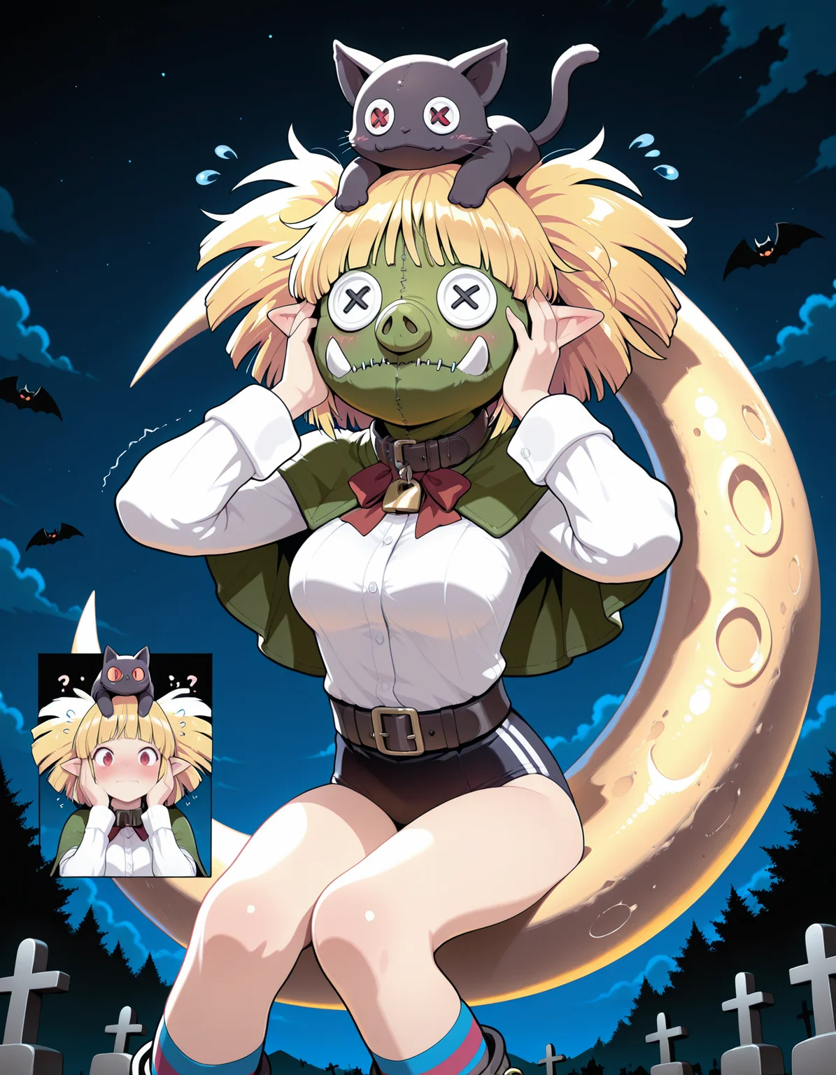 1girl,solo,
(inset:1.2),black background, comic, no mask, multiple views, border,
blush, embarrassed,
orcish, mask, button eyes, cosplay,covered face,padlock,animal collar,covered neck,green capelet,skinny,orc, stitched, [green bag over head::0.1], 
outdoors,night,Halloween,graveyard,starry sky,bat \(animal\), tree, cloudy sky,
flying sweatdrops,hands on own face,trembling,
?,??,confused,!?,^^^,
masterpiece,best quality,amazing quality,very aesthetic,absurdres,newest,
<lora:reduce_wrinkles_illstriouosv0.1_ADDifT_2_in_1_v1.2:0.8>,
<lora:99coins_reverse_orcish_IL_v14_09:1.0> ,
<lora:99coins_10li_ruri_IL_v3_09:1> 10li ruri, red eyes, blonde hair,messy hair, short hair, blunt bangs, pointy ears,cat on head,black cat, medium breasts, white shirt,long sleeves,red bow,belt,black buruma,striped socks,kneehighs,boots, sitting,(on moon:1.2),crescent moon,