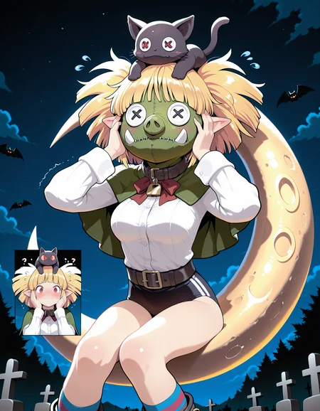 1girl,solo,
(inset:1.2),black background, comic, no mask, multiple views, border,
blush, embarrassed,
orcish, mask, button eyes, cosplay,covered face,padlock,animal collar,covered neck,green capelet,skinny,orc, stitched, [green bag over head::0.1], 
outdoors,night,Halloween,graveyard,starry sky,bat \(animal\), tree, cloudy sky,
flying sweatdrops,hands on own face,trembling,
?,??,confused,!?,^^^,
masterpiece,best quality,amazing quality,very aesthetic,absurdres,newest,
<lora:reduce_wrinkles_illstriouosv0.1_ADDifT_2_in_1_v1.2:0.8>,
<lora:99coins_reverse_orcish_IL_v14_09:1.0> ,
<lora:99coins_10li_ruri_IL_v3_09:1> 10li ruri, red eyes, blonde hair,messy hair, short hair, blunt bangs, pointy ears,cat on head,black cat, medium breasts, white shirt,long sleeves,red bow,belt,black buruma,striped socks,kneehighs,boots, sitting,(on moon:1.2),crescent moon,