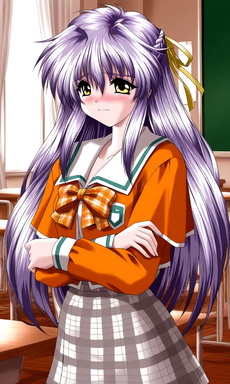 general,highres, ultra-detailed,very aesthetic,best quality ,best hands, BREAK <lora:Nishikujo_Shion_Akumu_AoiKajitsunoSange_IS:1>
Nishikujo_Shion, 1girl, solo, light purple hair, long hair, half updo, yellow eyes, hair ribbon, yellow ribbon, small breasts,
orange school uniform, ribbon, white and gray skirt, outdoors, , crossed arms,
embarrassed
plaid skirt, plaid bow, long sleeves, serafuku,
School, class room, curtain.