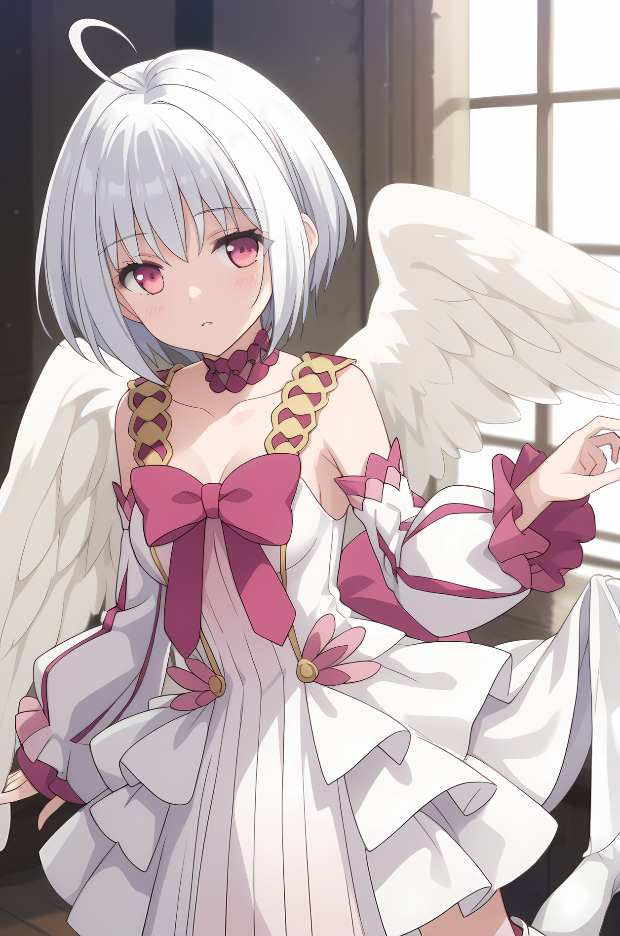 (white dress detached sleeves long sleeves white boots pink bow:1.40), sh-fitoria, white wings, white hair, medium hair, triple ahoge, pink choker, medium breasts, 1girl, solo, skinny, score_9, score_8_up, score_8, score_7_up, score_7, score_6_up, score_6, source_anime, (blush:1.10), indoors, (close-up:1.20), , <lora:sh-fitoria-V01:0.80>