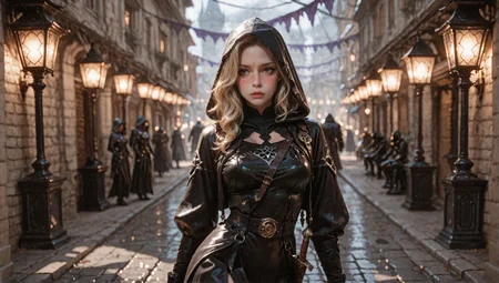 (blurred background), 8k, best quality, depth of field, dynamic lighting, high detail, masterpiece, photorealistic, realistic, ultra-HD, very aesthetic, (fashion photoshoot:1.1), 1girl, Dynamic pose, Shadow Dancer in Darkened Alley, style of Brom, nimble female rogue in black leather, surrounded by swirling shadows taking forms of dark creatures, intense eyes peering from beneath a hood, faint glow of a dagger in hand, narrow cobblestone alley lined with eerie statues and flickering lanterns, heavy fog creating an ominous atmosphere, faint rain slicking the ground (rogue:1.03), (shadow creatures:1.2), (dagger:1.0), (fog:0.8), (lanterns:0.7), dark and suspenseful, cover art style, shadow effects, (contrapposto), Bella_Jockitch