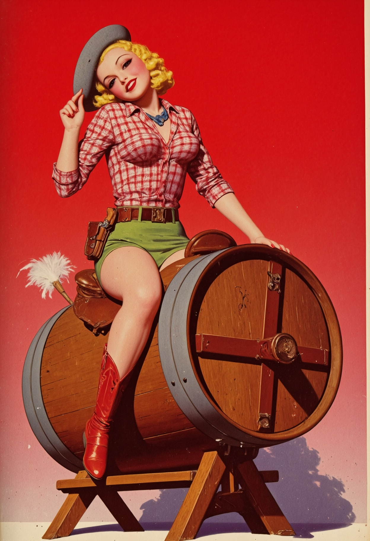 an angular and creative vintage illustration. A playful 1940s blonde pin-up riding a wooden barrel like a horse. She is wearing a red and white checked flannel shirt, a short green skirt, a grey cowboy hat, and red and white cowboy boots, with a pistol holster at her waist, and a blue neckerchief around her neck. She is riding the barrel with a big smile, looking directly at the viewer with her big blue eyes, and she is holding her cowboy hat with one hand, and the saddle with the other hand. Her shirt is partially unbuttoned, revealing her ample cleavage. The wooden barrel is on its side, with a brown leather saddle attached on top. A feather duster is placed behind the barrel, at the back. The barrel is resting on a wooden frame. The reddish background is simple, with abstract geometric gradients.
<lora:vintage-women-illustration-v1:1>