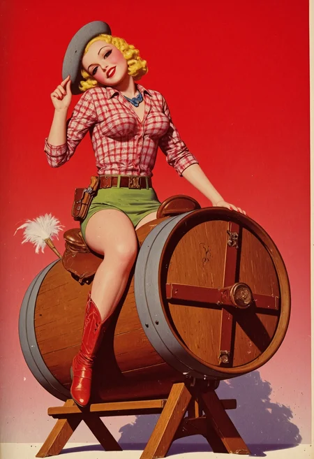 an angular and creative vintage illustration. A playful 1940s blonde pin-up riding a wooden barrel like a horse. She is wearing a red and white checked flannel shirt, a short green skirt, a grey cowboy hat, and red and white cowboy boots, with a pistol holster at her waist, and a blue neckerchief around her neck. She is riding the barrel with a big smile, looking directly at the viewer with her big blue eyes, and she is holding her cowboy hat with one hand, and the saddle with the other hand. Her shirt is partially unbuttoned, revealing her ample cleavage. The wooden barrel is on its side, with a brown leather saddle attached on top. A feather duster is placed behind the barrel, at the back. The barrel is resting on a wooden frame. The reddish background is simple, with abstract geometric gradients.
<lora:vintage-women-illustration-v1:1>