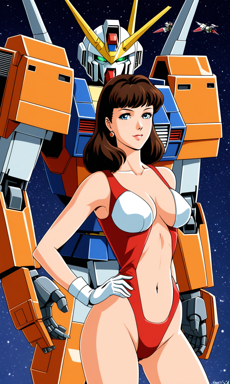 1980s_(Style), retro_artstyle, 3ighti3sstyl3, 1woman, revealing clothes, blush, solo focus, background:mecha, gundam, science_fiction  