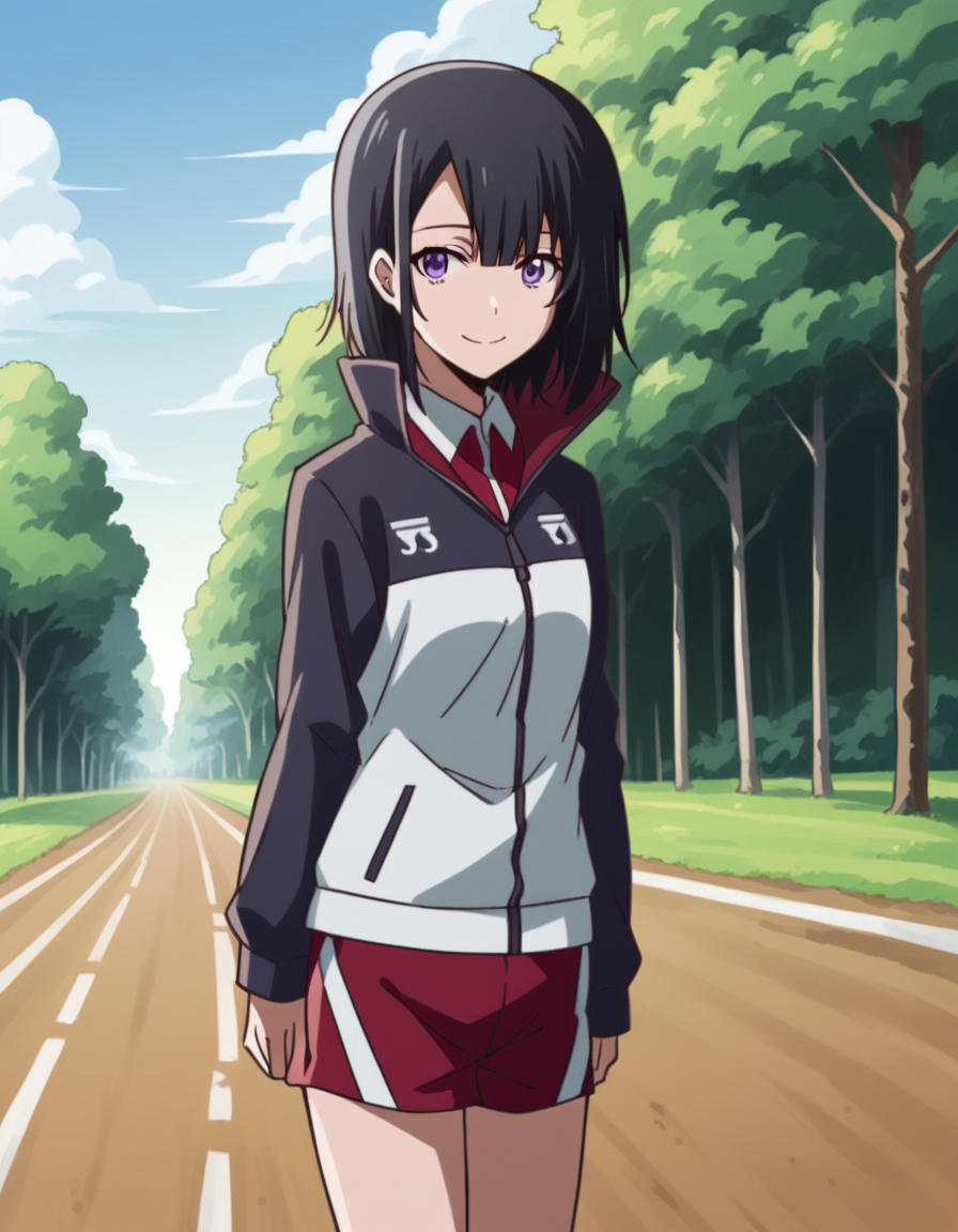 score_9, score_8_up, score_7_up, source_anime, <lora:yuika-shiwahime-s1-ponyxl-lora-nochekaiser:1>, yuika shiwahime, short hair, black hair, purple eyes,, shirt, jacket, necktie, shorts, sleeves past wrists, track jacket,, bike ride, countryside, dirt road, trees, afternoon sun, peaceful, alone, smile, looking at viewer, from side, solo,, dutch angle, cowboy shot