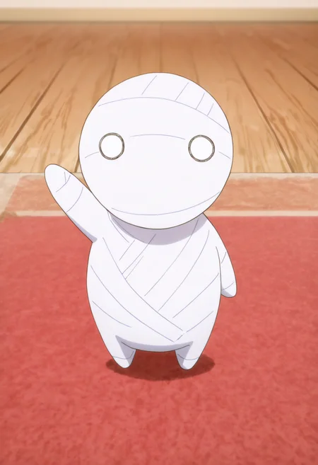 masterpiece,best quality,newest,absurdres,highres,safe,mii-kun,looking at viewer,standing,full body,indoors,blurry,arm up,no humans,blurry background,shadow,depth of field,wooden floor,straight-on,floor,carpet,rug,red carpet,anime screenshot,<lora:SoraKashiwagi_noob:1>,waving,