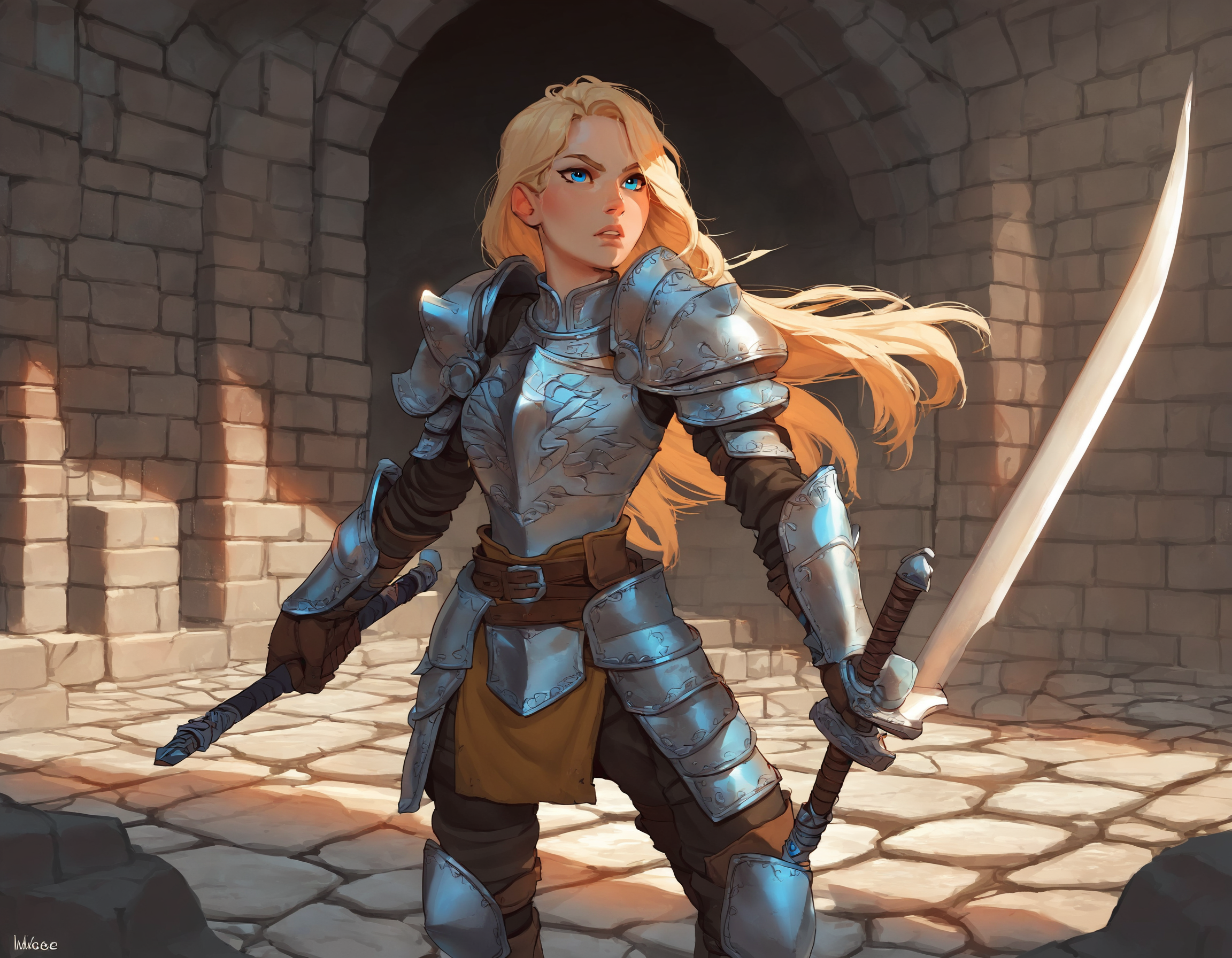 1girl, female, solo,
paladin, plate armor, breastplate, holding sword, longsword,
blonde hair, blue eyes,
dungeon, underground, stone bricks, contrast, standing,
BREAK
score_9, score_8_up, score_7_up, score_6_up, source_cartoon, rating_safe, contrast
<lora:incase_style_v4:0.8>  <lora:offset_0.2:1>
