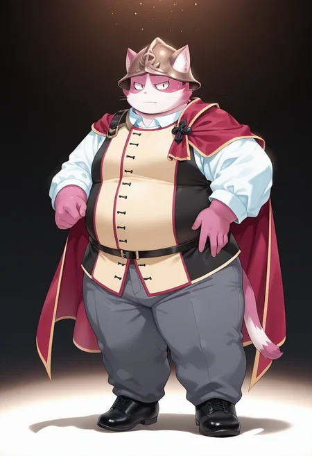 (deep contrast, luminous lighting, cinematic ambiance, best quality, colorful, masterpiece), chubby, <lora:t-bungo-v1A-15:1> (t-bungo, cat_boy), 1boy, chinese_clothes, bronze helm, helmet, shoulder_cape, red cape, white_collared_shirt, side cape, two-tone chinese vest, chinese_vest, black footwear, grey pants, simple background, white background,